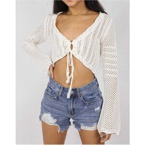 Grey Bandit Wander Away Crochet Cropped White Tie Front Cardigan Top Size XS